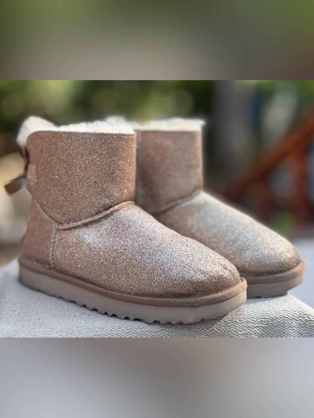 UGG Mini Bailey Bow Glitter Boots Rose Gold